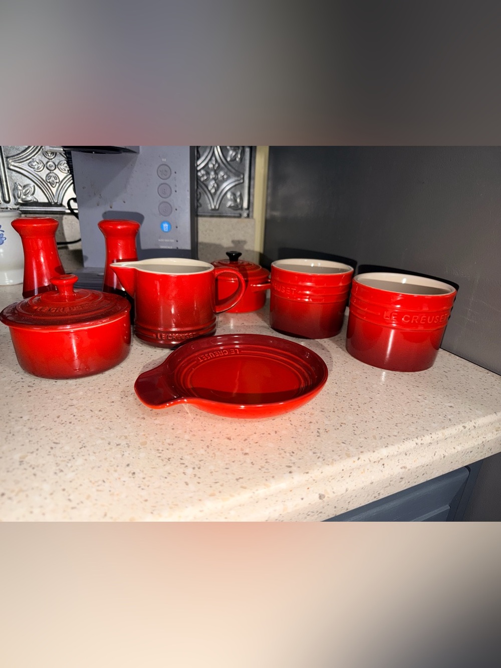 Cerise Le Creuset Red Stoneware & Ceramic Kitchen Set like new